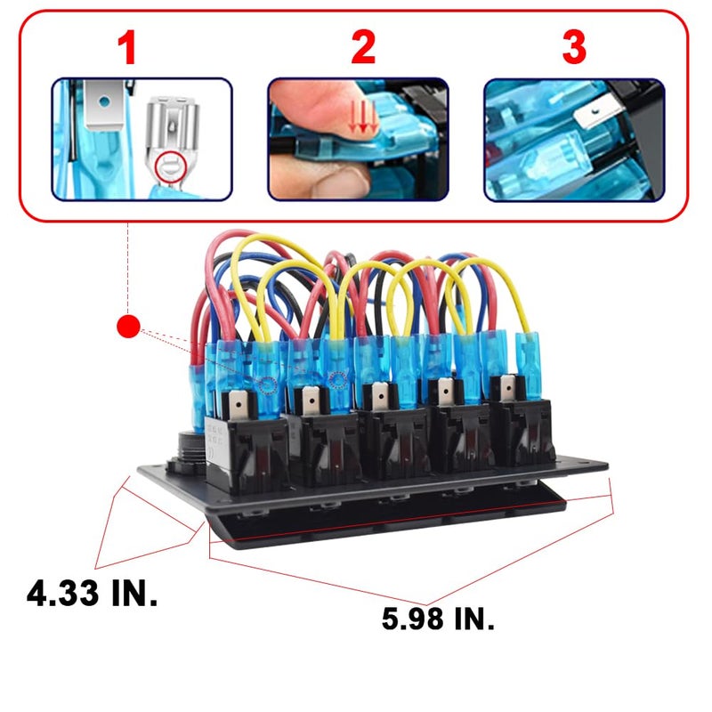 Garfour 5 Gang Boat Switch Panel Marine, Waterproof Rocker Switch Panel with 12V Voltmeter, Type-C & QC 3.0 USB Charger for 12V/24V Car Truck Boat RV - Image 3